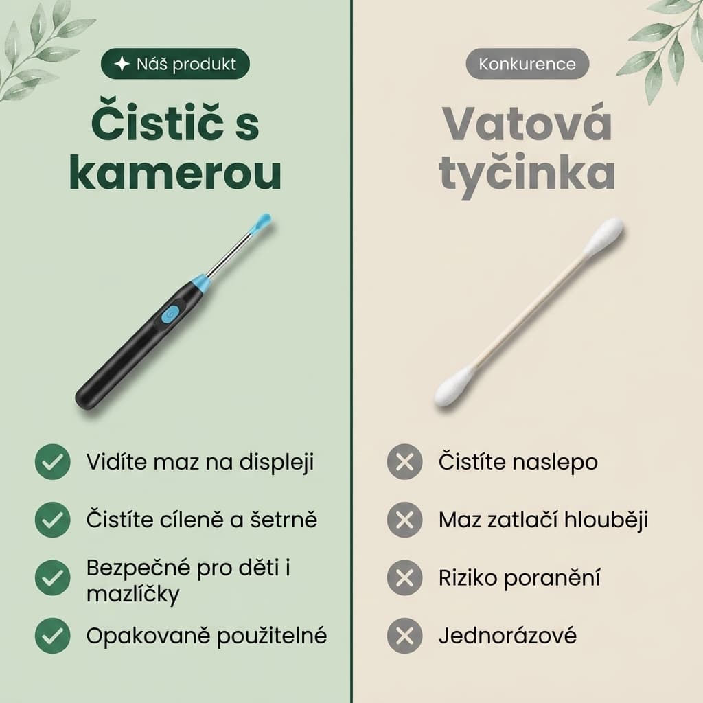 Čistič uší s kamerou vs vatová tyčinka – čištění pod kontrolou